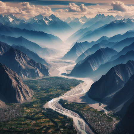 Aerial view of the valley and mountains in Himalayas, Nepalの素材