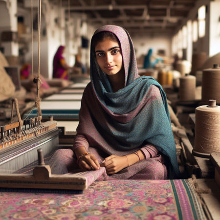 Beautiful indian woman working on a loom in a textile factoryの素材