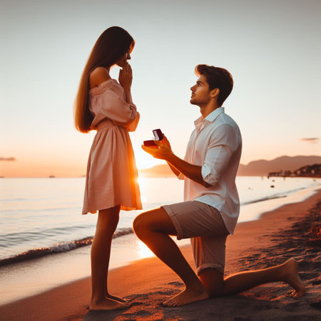 Romantic young couple in love on the beach at sunset. Happy man proposing to his girlfriend.の素材