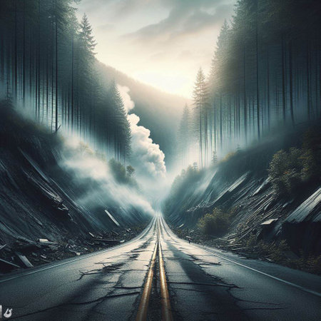 Road in the forest with fog in the sky. 3d renderingの素材