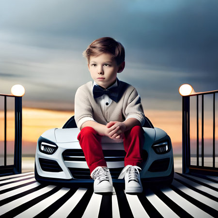 Little boy sitting on the roof of the car. 3D rendering.の素材