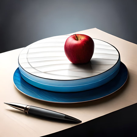 A red apple on a blue plate and a pen on a tableの素材