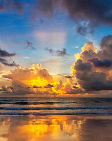 Beautiful sunset on the beach in Sri Lanka. Beautiful sky with clouds.