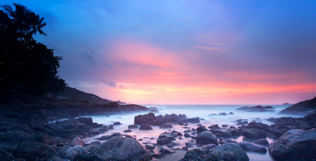 Beautiful seascape at sunset. Panoramic view.の写真素材