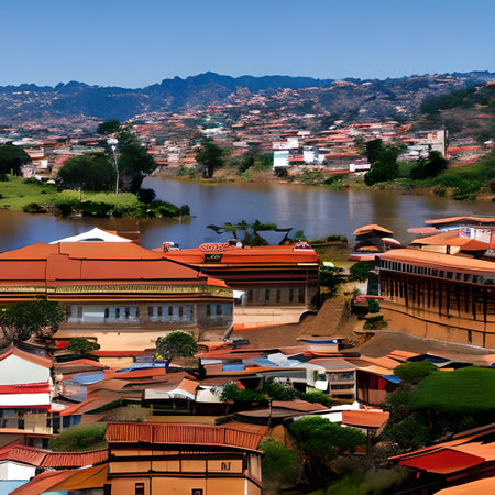 Panoramic view of the city of Punakha, Bhutanの素材