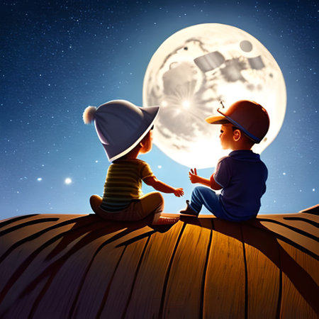 Cute little boy and girl sitting on wooden roof and looking at moonの素材