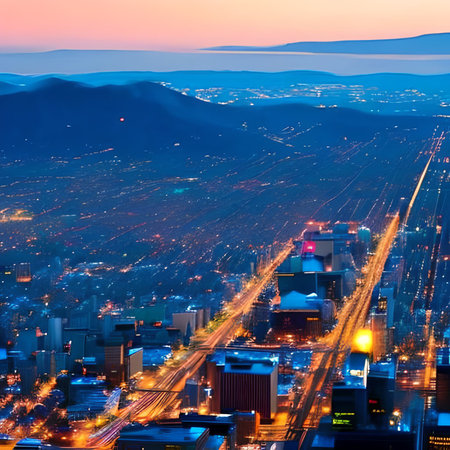 Aerial view of the city of Sofia at dusk, Bulgariaの素材