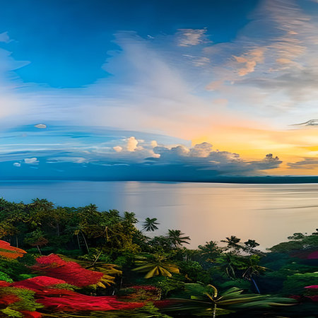 Beautiful sunset over the sea with palm trees and colorful cloudscapeの素材