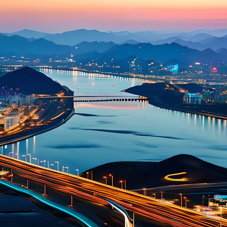 Aerial view of highway in Seoul, South Korea at sunset.の素材
