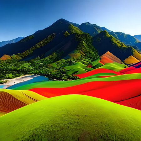 Colorful sand dunes and mountains at sunset. 3D renderingの素材
