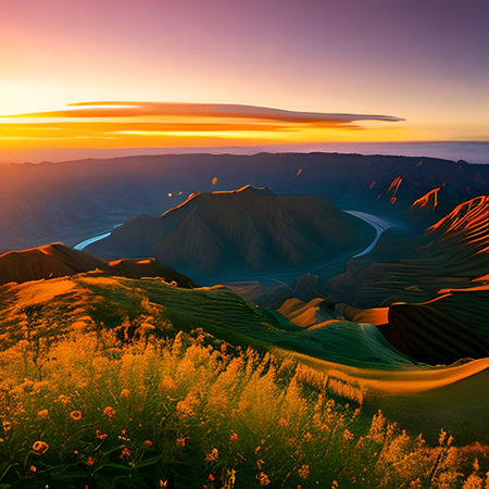 Mountain landscape.Sunset over the valley. Artistic style.の素材