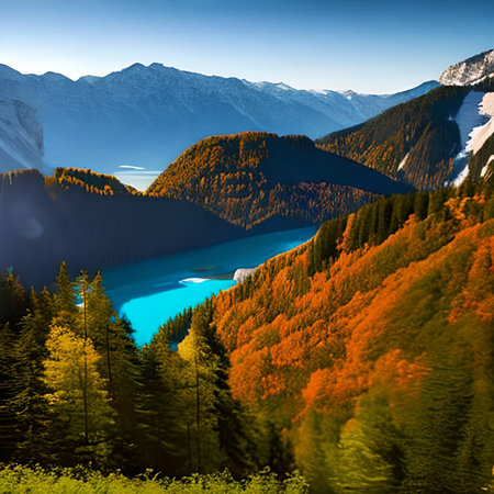Beautiful autumn alpine landscape with lake and forest in mountains.の素材