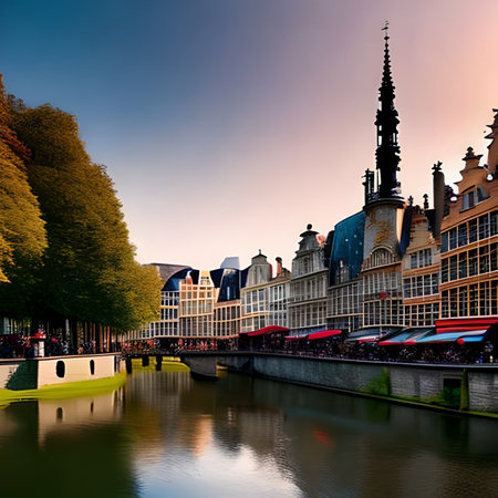 Cityscape of Ghent, Belgium. Beautiful cityscape at sunset.の素材