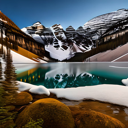 Snowy Mountain Landscape with Reflection in Lake Louise, Alberta, Canadaの素材