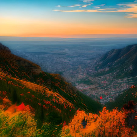 Aerial view of valley and mountains during sunset. Colorful autumn landscape.の素材
