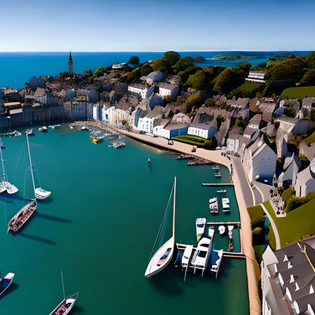 Aerial view of Dinan village and harbor, Brittany, Franceの素材