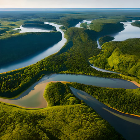 Aerial view of the river and forest. Beautiful summer landscape.の素材