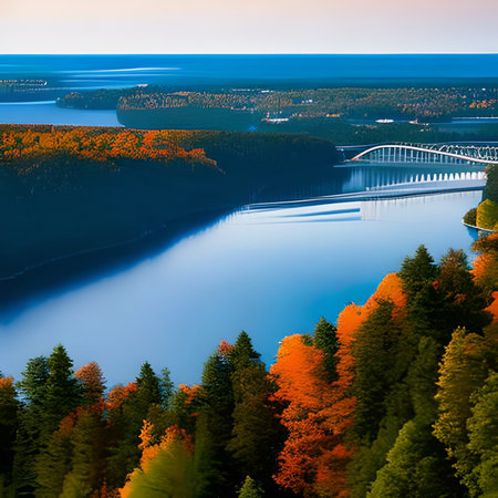 Autumn landscape with lake and bridge. Colorful autumn forest.の素材