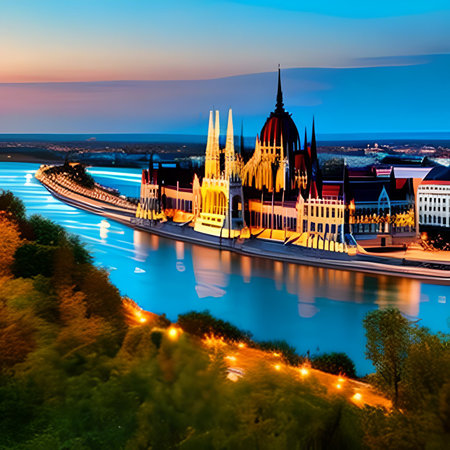 Budapest Parliament and Danube river at night, Hungary.の素材