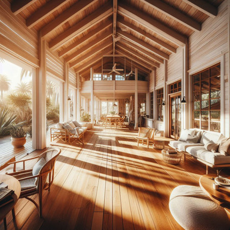 Interior of modern living room with wooden walls, wooden ceiling and wooden floor. 3d renderingの素材