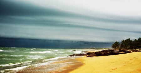 Stormy day at the beach. Panoramic view of the sea.の写真素材