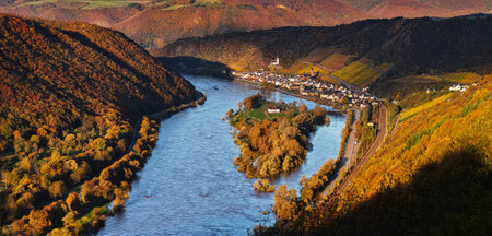 Panoramic view of Moselle river in autumn, Germanyの写真素材