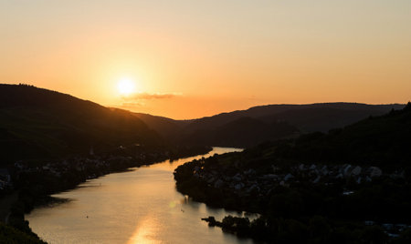 Sunset over the Moselle river in Germanyの写真素材