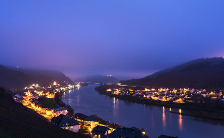 Landscape of Heidelberg and Neckar river at night, Germanyの写真素材