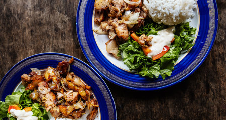 stir fried pork with rice and vegetable on wood background - Thai food styleの写真素材