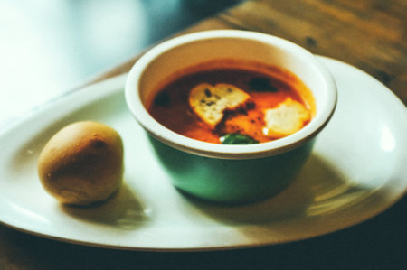 Tomato soup with croutons in a green bowl on a wooden tableの写真素材