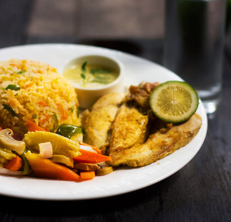 Traditional indian fried rice with chicken and vegetables on a white plateの写真素材