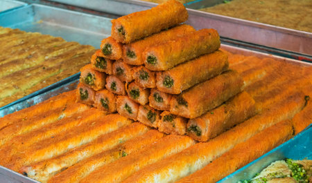 Turkish baklava with pistachios on display at street market