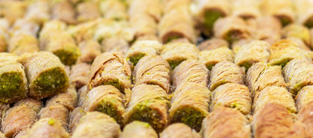 Turkish dessert baklava with pistachio, selective focusの写真素材