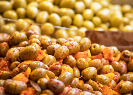 Green olives on the market in Marrakesh, Morocco.の写真素材