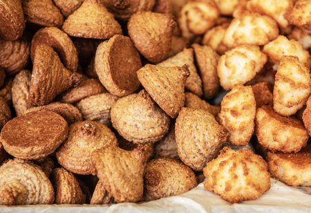 Close up of a pile of crunchy cookies in a market stall