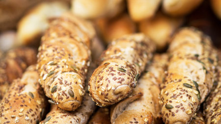 Closeup of baguette with sesame and sunflower seedsの写真素材