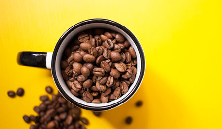 Coffee beans in a cup on a yellow background. Top view.