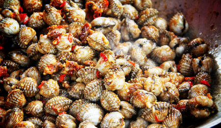 Fried Clams at street food market in Thailand, Asia.の写真素材