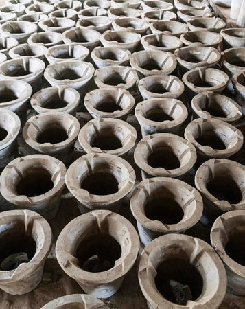 Ceramic pots in a factory, closeup of photo with selective focusの写真素材