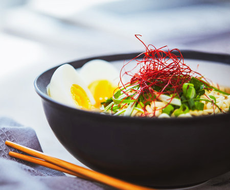 Bowl of rice noodle with vegetables and egg on a tableの写真素材