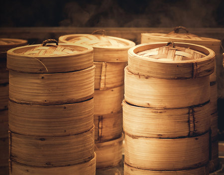 Chinese dim sum in bamboo steamer, dim sum in bamboo steamerの写真素材