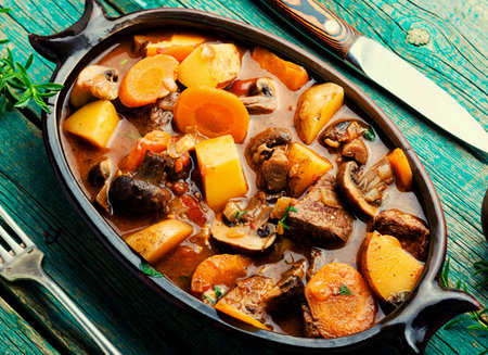 Beef Bourguignon stew with potatoes, carrots and mushroomsの写真素材