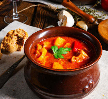 Traditional Hungarian goulash soup with meat and vegetables in a potの写真素材