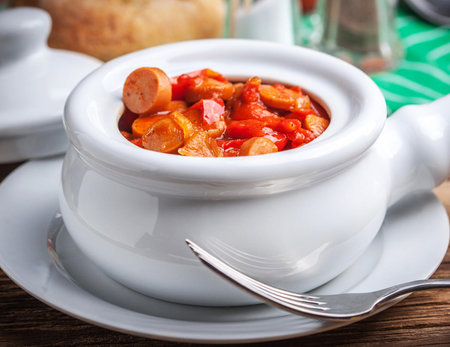 Sausage stew with vegetables in a pot on a wooden tableの写真素材