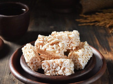 Cereal bars with sesame seeds on a wooden background.の写真素材