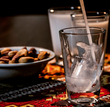 Almond milk is poured into a glass with ice cubes and nuts.