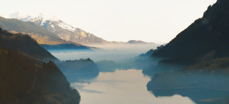 panoramic view of the lake and the mountains in the fogの写真素材