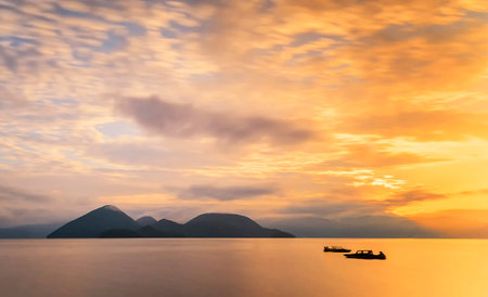 Beautiful sunset over the sea and mountains in the background, Koh Samui, Thailandの写真素材