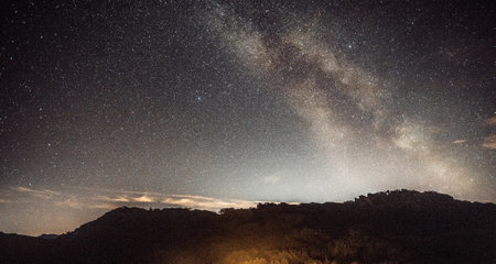 Milky way in the night sky. Long exposure photograph with grain