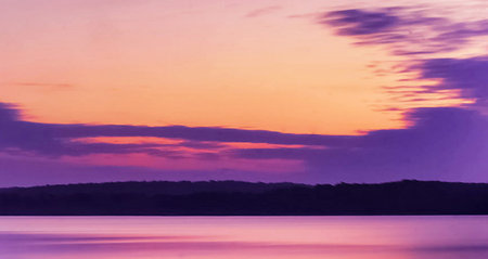 Sunset on the lake. Beautiful sunset over the lake. Colorful sky.の写真素材